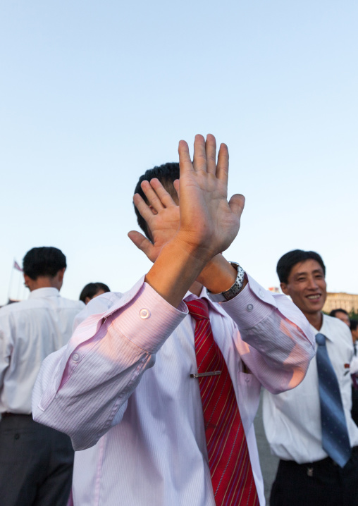 North Korean students during a mass dance performance on september 9 day of the foundation of the republic, Pyongan Province, Pyongyang, North Korea