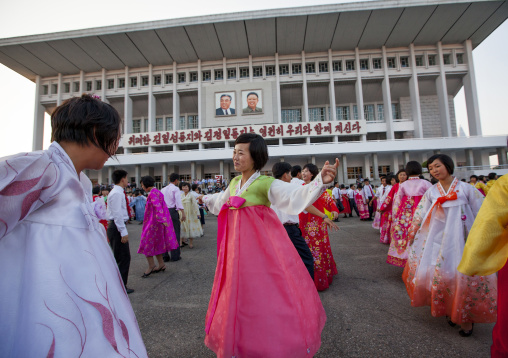 North Korean students during a mass dance performance on september 9 day of the foundation of the republic, Pyongan Province, Pyongyang, North Korea