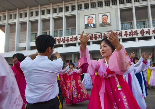North Korean students during a mass dance performance on september 9 day of the foundation of the republic, Pyongan Province, Pyongyang, North Korea