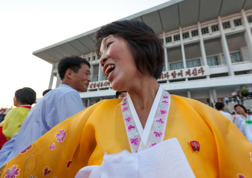 North Korean students during a mass dance performance on september 9 day of the foundation of the republic, Pyongan Province, Pyongyang, North Korea