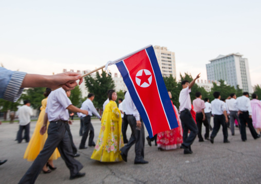 North Korean students during a mass dance performance on september 9 day of the foundation of the republic, Pyongan Province, Pyongyang, North Korea