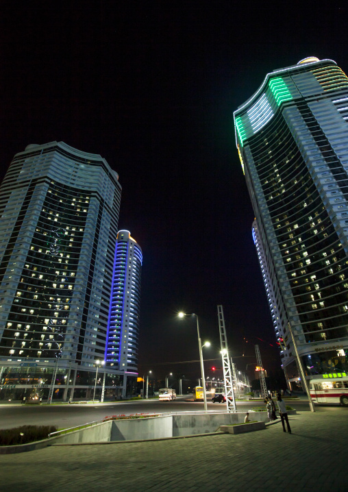 New buildings in Changjon area illuminated in the night, Pyongan Province, Pyongyang, North Korea