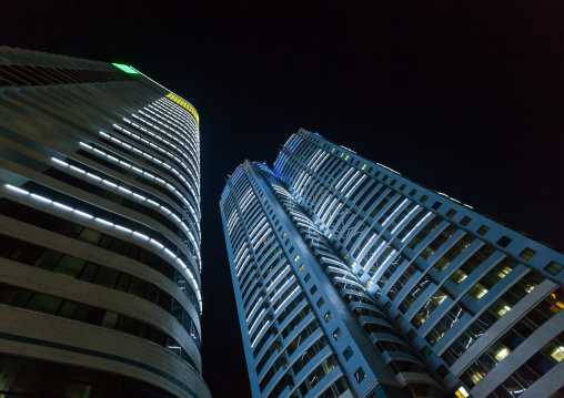 New buildings in Changjon area illuminated in the night, Pyongan Province, Pyongyang, North Korea