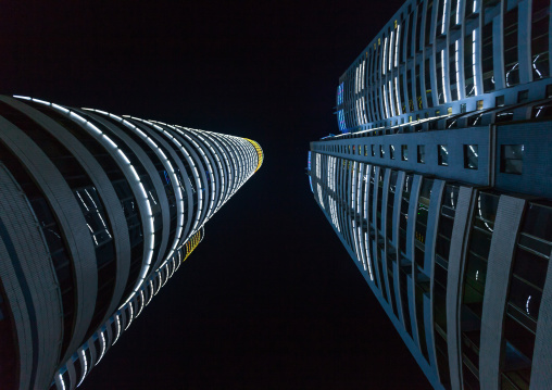 New buildings in Changjon area illuminated in the night, Pyongan Province, Pyongyang, North Korea