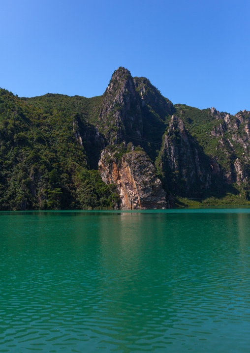 Green water of Sinpyong lake, Pyongan Province, Sinpyong, North Korea