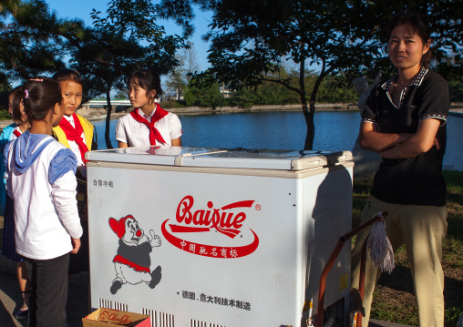 North Korean pioneers buying ice creams in Songdowon international children's camp, Kangwon Province, Wonsan, North Korea