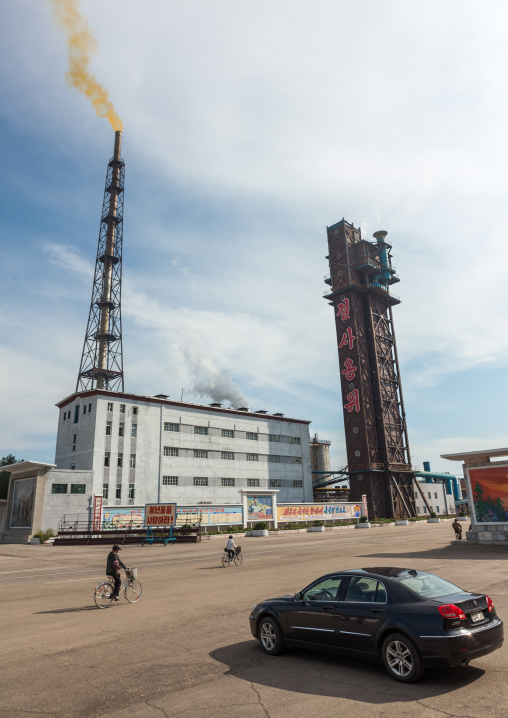 Yellow smoke coming out of a chimney in Hungnam nitrogen fertilizer plant, South Hamgyong Province, Hamhung, North Korea