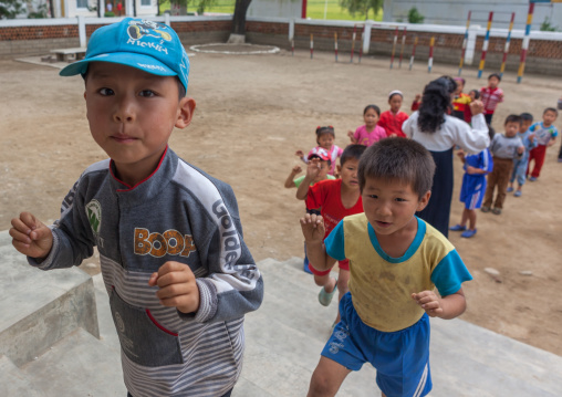 Group of North Korean children in line in a school, South Hamgyong Province, Hamhung, North Korea
