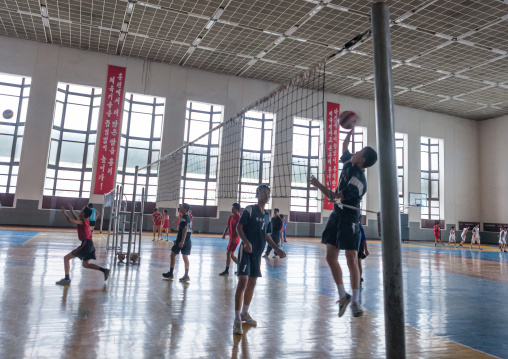 North Korean children playing volley ball in the Mangyongdae children's palace, Pyongan Province, Pyongyang, North Korea