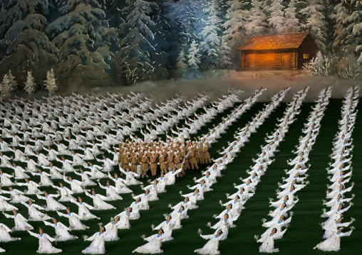 North Korean dancers performing in front of Kim Jong il native house during Arirang mass games in may day stadium, Pyongan Province, Pyongyang, North Korea