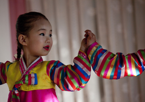 Portrait of a North Korean little girl in traditional choson-ot, North Hamgyong Province, Chongjin, North Korea