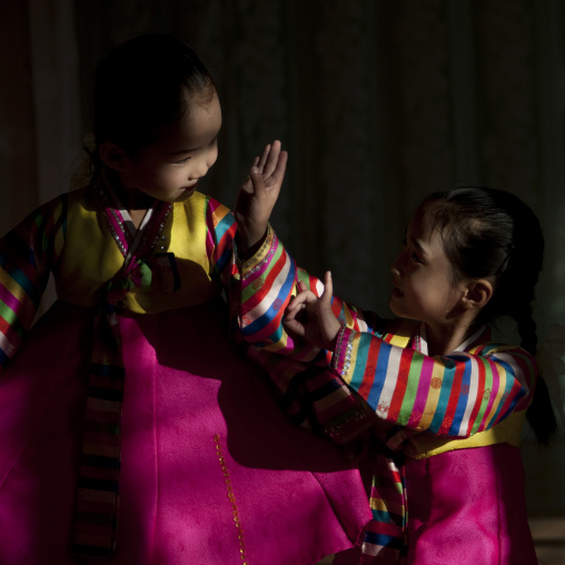 Portrait of a North Korean girls in traditional choson-ot  in Tchang Gwang school, North Hamgyong Province, Chongjin, North Korea
