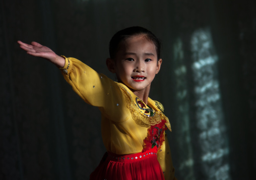 Portrait of a North Korean little girl in traditional choson-ot, North Hamgyong Province, Chongjin, North Korea