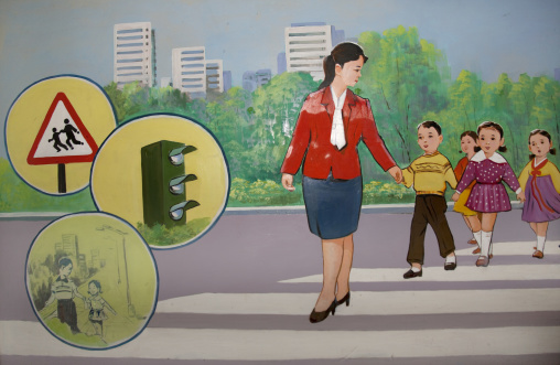 Propaganda poster depicting North Korean children learning to cross a road, North Hamgyong Province, Chongjin, North Korea