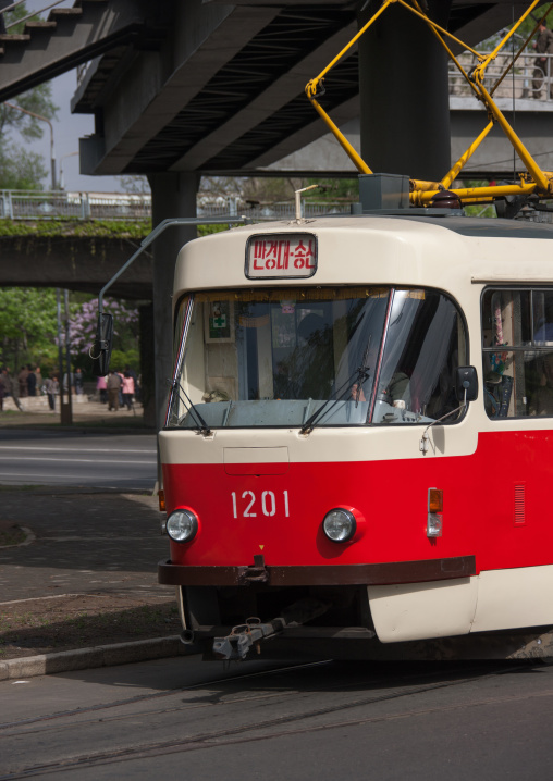 Red tramway in the street, Pyongan Province, Pyongyang, North Korea