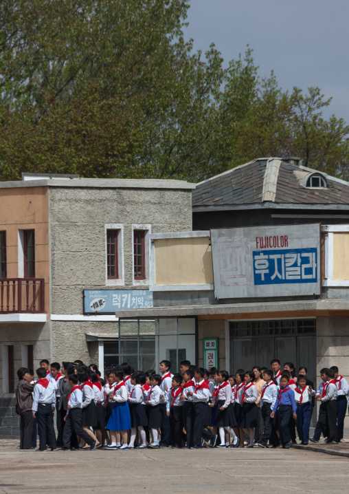 North Korean pioneers visiting the Pyongyang film studio, Pyongan Province, Pyongyang, North Korea