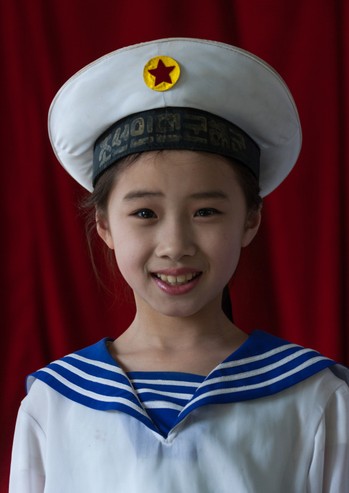 North Korean girl with a navy sailor uniform for a school show, Pyongan Province, Pyongyang, North Korea