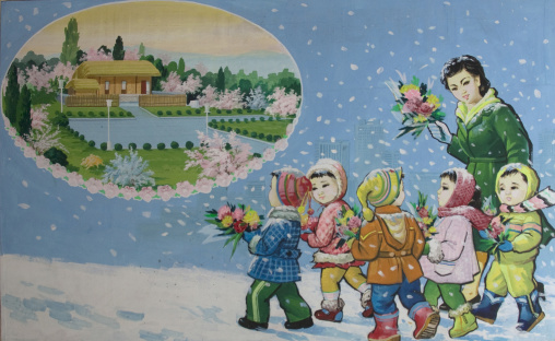 Propaganda poster depicting North Korean children visiting Kim il Sung native house, Pyongan Province, Pyongyang, North Korea