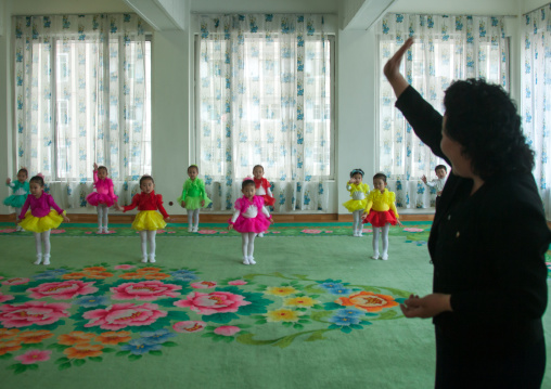 North Korean ballet dancers children in Kim Jong suk school with their teacher, Pyongan Province, Pyongyang, North Korea
