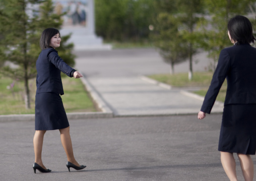 North Korean young women in the street, Pyongan Province, Pyongyang, North Korea