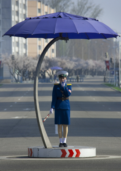 North Korean traffic security officer in blue uniform in the street, Pyongan Province, Pyongyang, North Korea
