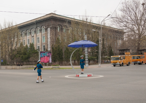 North Korean female traffic security officers in blue uniforms, Pyongan Province, Pyongyang, North Korea