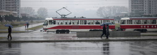 Tramway under the rain, Pyongan Province, Pyongyang, North Korea