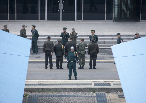 American delegation in front of the United Nations conference rooms on the demarcation line in the Demilitarized Zone, North Hwanghae Province, Panmunjom, North Korea