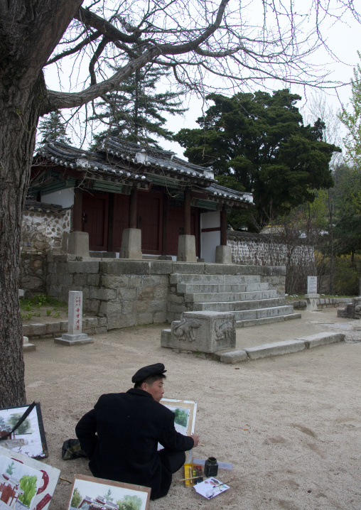 North Korean art student painting in Anhwa buddhist temple, North Hwanghae Province, Kaesong, North Korea