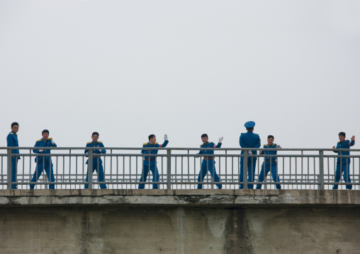 North Korean policemen training on a bridge, North Hwanghae Province, Kaesong, North Korea