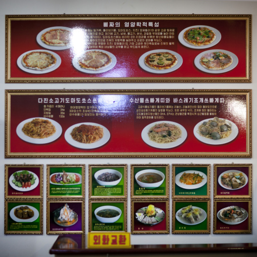 Pizza restaurant menu board, Pyongan Province, Pyongyang, North Korea
