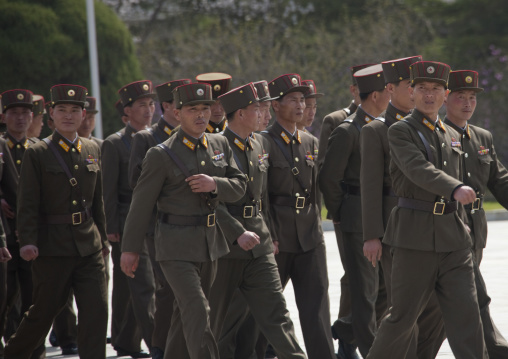 North Korean soldiers walking in the street, Pyongan Province, Pyongyang, North Korea