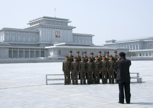 North Korean soldiers posing for a photo in Kumsusan memorial palace, Pyongan Province, Pyongyang, North Korea