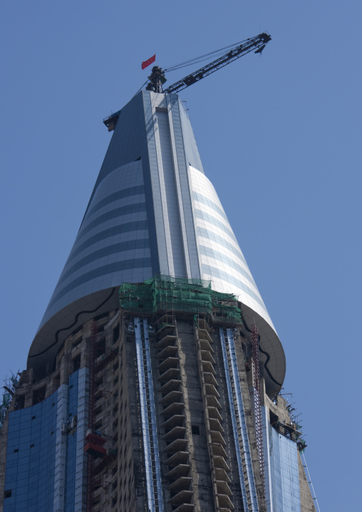 Construction of the pyramid-shaped Ryugyong hotel, Pyongan Province, Pyongyang, North Korea