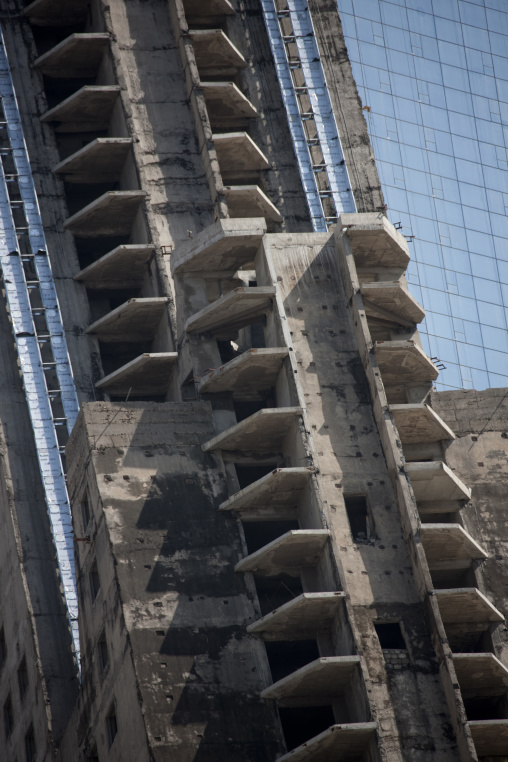 Construction of the pyramid-shaped Ryugyong hotel, Pyongan Province, Pyongyang, North Korea