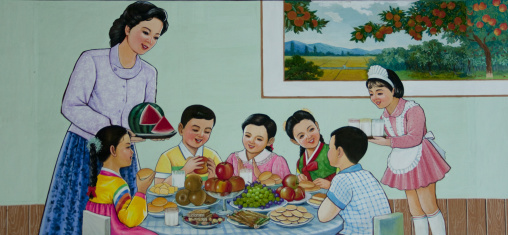 Propaganda poster depicting North Korean children having a meal in a canteen school, Pyongan Province, Pyongyang, North Korea