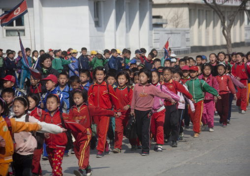 North Korean children parading in the streets on the international workers' day, Kangwon Province, Wonsan, North Korea