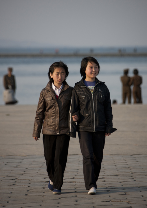 North Korean girls having a walk on the jetty, Kangwon Province, Wonsan, North Korea