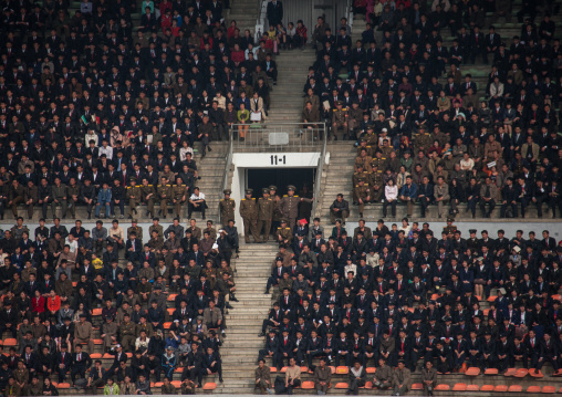 Crowd in the Kim il Sung stadium during a football game, Pyongan Province, Pyongyang, North Korea