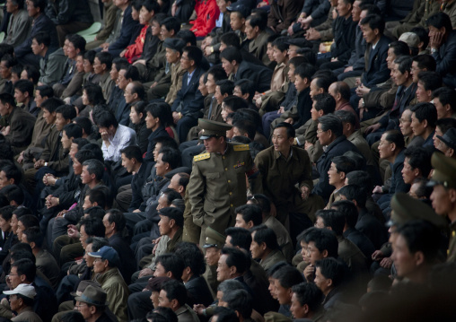 Crowd in the Kim il Sung stadium during a football game, Pyongan Province, Pyongyang, North Korea