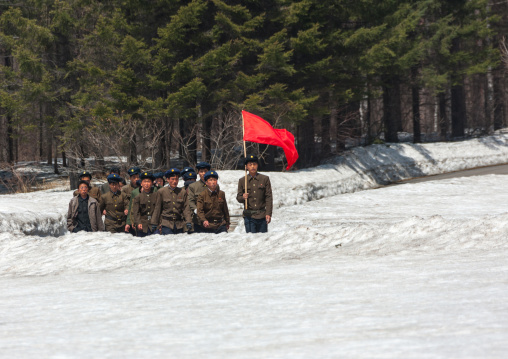 North Korean students walking on the steps of the nation's heroes in the Grand monument of lake Samji, Ryanggang Province, Samjiyon, North Korea