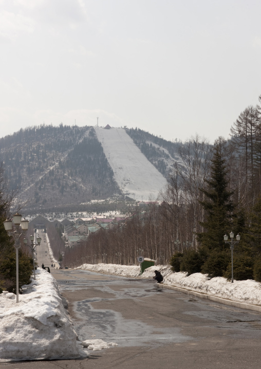 View of the skiing slopes in winter, Ryanggang Province, Samjiyon, North Korea