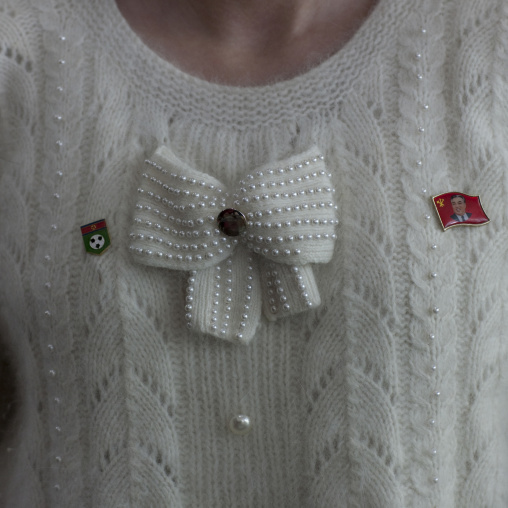 North Korean woman wearing patriotic pins, Ryanggang Province, Samjiyon, North Korea