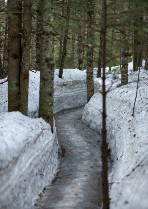 Former secret camp of the Korean resistance against japanese in mount Paektu in the snow, Ryanggang Province, Samjiyon, North Korea