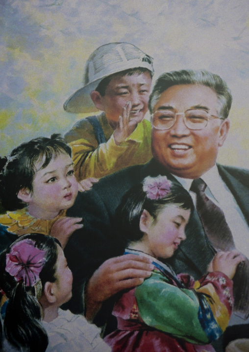 Kim il Sung with North Korean children on a propaganda poster, Ryanggang Province, Samjiyon, North Korea