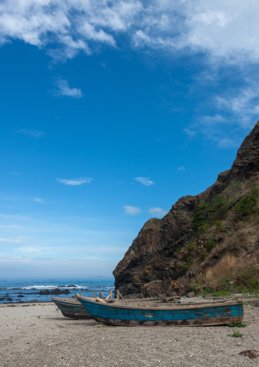 Fishermen boats on a beach, North Hamgyong Province, Jung Pyong Ri, North Korea