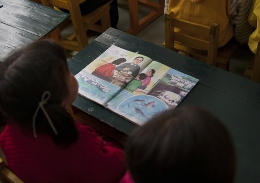 North Korean young girl at school with exercise book, South Pyongan Province, Chongsan-ri Cooperative Farm, North Korea