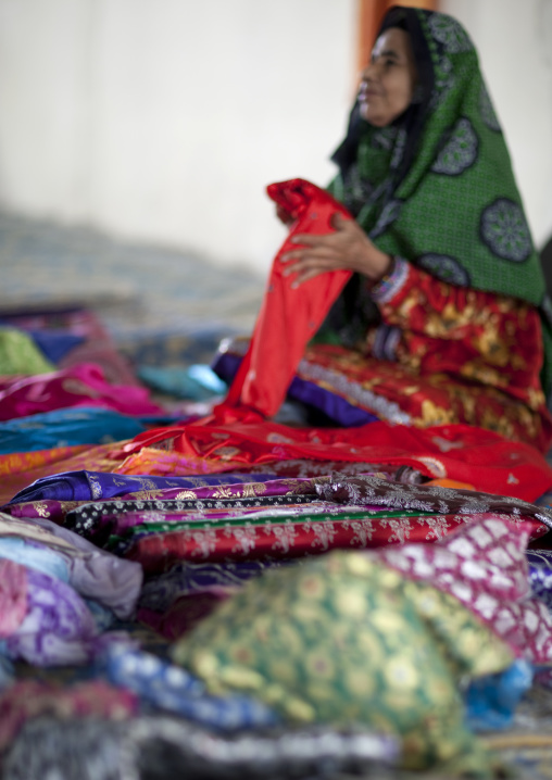 Bedouin Seller Selling Cloths, Sinaw, Oman