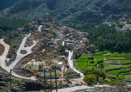 Village with lush green irrigated terraces, Al Hajar Mountains, Bilad Sayt, Oman