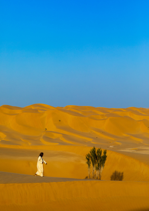 Omani man standing near a tree in the rub al khali desert, Dhofar Governorate, Rub al Khali, Oman